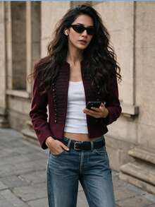 Autumn Winter New Fashion Court Style Coats Leisure Long Sleeve Jackets For Woman Elegant Double Breasted Burgundy Jackets Napoleon Style Jacket - Burgundy - View 2