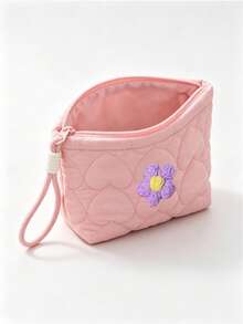 Quilted Heart-Shaped Makeup Bag With Knitted Flower, Lipstick Storage Pouch, Soft Candy Color Toiletry Bag, Multiple Colors Available, Perfect Gift For Middle East National Day, Halloween, Christmas - Multicolor - View 14