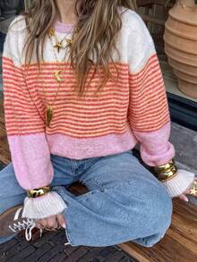 Just Masa Women's Fall Casual Colorblock Stripe Sweater,Long Sleeve Frill Trim Cuff Round Neck Rib-Knit Pullover,For Daily Wear,Going Out,Commute - Colorful Stripes - View 7