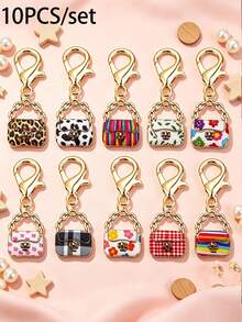 5/10 buah Gantungan Kunci Tas Mini Paduan Logam, Motif Leopard, Motif Bunga, Motif Kotak-kotak, Motif Pelangi, Liontin Jepit Lobster, Aksesoris DIY untuk Perempuan - MultiWarna - View 3
