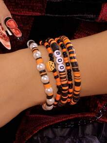 5Pcs Halloween Stackable Beaded Bracelets, Pumpkin BOO Letter Clay Bead & Faux Pearl Stretch Bracelet Set For Women Party Costume Jewelry - Multicolor - View 1