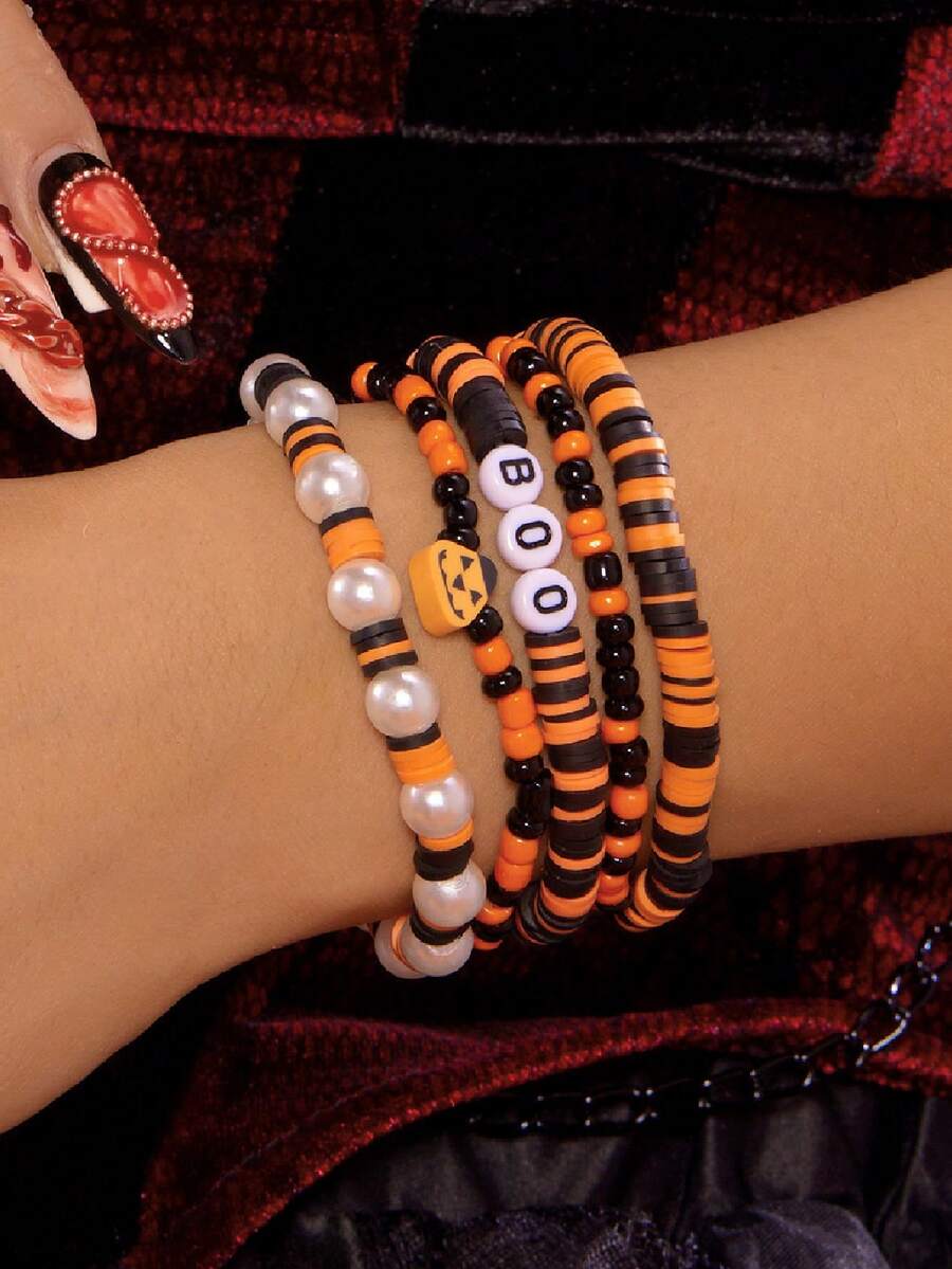 5Pcs Halloween Stackable Beaded Bracelets, Pumpkin BOO Letter Clay Bead & Faux Pearl Stretch Bracelet Set For Women Party Costume Jewelry - Multicolor - View 1