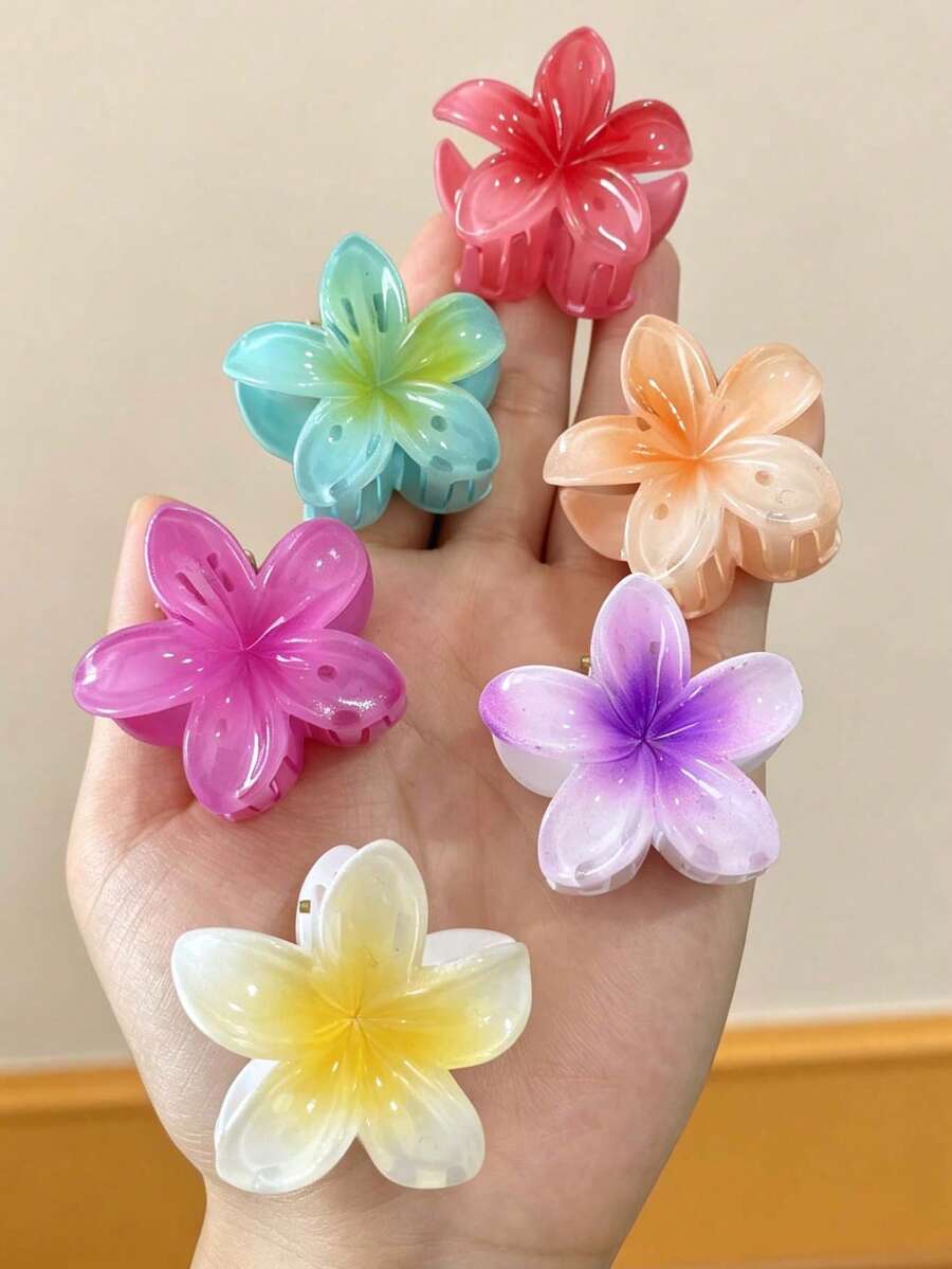 6pcs Women's Acrylic Gradient Five-Petal Flower Claw Clips, Mini Floral Hair Clips For Back Of Head, Gentle Atmosphere For Girls - Multicolor - View 1