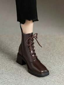 Women's Faux Leather Lace-Up Ankle Boots, Round Toe Chunky Heel Workwear Fashion Ankle Boots - Brown - View 3