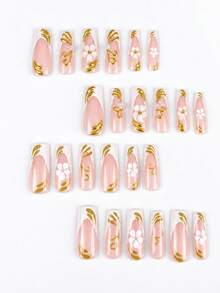Fall Winter 24Pcs Press On Nails Kit, White French Tip 3D White Flower Gold Metal Lines Pearl Rhinestone Fake Nails, Reusable Full Cover Nails With Jelly Glue And Nail File For Women Manicure - White - View 4
