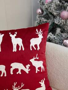 1pc Christmas Red Reindeer Embroidered Pillow Case, Suitable For Indoor Decoration, Christmas Decoration, All Season Pillow Case, Without Insert - Red - View 6