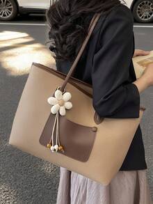 Fashionable Large Capacity Tote Bag Minimalist Solid Color Shoulder Handbag With Cute Sun Charm Soft PU Leather Commuter Shopper Bag - Khaki - View 3