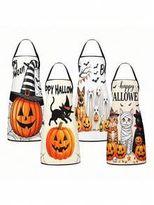 1pc/2pcs/4pcs Spooky Cute Halloween Printed Apron, Pumpkin Lantern Ghost Black Cat Spiderweb Bat Autumn Leaf Design, Adjustable Halter Neck Cooking Apron, Polyester Lightweight Apron, Halloween Party Decor, Chef Apron For Baking & Pumpkin Carving - Multicolor - View 3