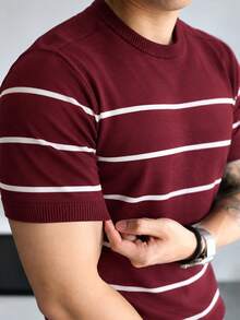 Men's Burgundy Horizontal Striped Crew Neck Knit Short Sleeve T-Shirt, Old Money Style, Slim Fit, Light Business Casual, Layering Top, Contrast Color - Burgundy - View 3
