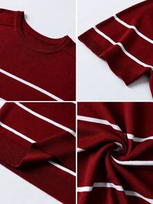 Men's Burgundy Horizontal Striped Crew Neck Knit Short Sleeve T-Shirt, Old Money Style, Slim Fit, Light Business Casual, Layering Top, Contrast Color - Burgundy - View 10