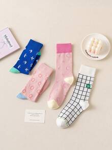 4 pares de calcetines de media caña para mujer con estampado de estrella, luna, flor y pájaro, estilo dulce y fresco para otoño/invierno, estilo INS, color contrastante, versátiles y casuales - Multicolor - Ver 3