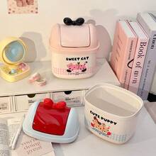 Thùng rác mini để bàn in hình động vật hoạt hình dễ thương với nắp lật đính nơ, thùng rác nhỏ dễ tháo rời dễ vệ sinh, thiết kế cún và mèo, hộp đựng rác để bàn cho văn phòng, ký túc xá, phòng ngủ, trang trí nhà cửa, phụ kiện sắp xếp đáng yêu, lựa chọn quà tặng tuyệt vời - Nhiều màu - Xem 2