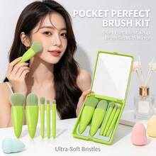 Makeup Brush Set, Mini Cute Professional Green Makeup Brush Set With Mirror And Travel Case, Foldable Makeup Brush Set With Mirror Travel Makeup Brush Set - Portable Travel Makeup Brush Set (5pcs) - Multicolor - View 9