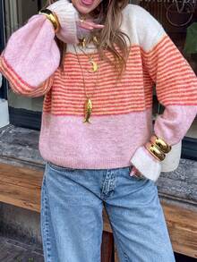 Just Masa Women's Fall Casual Colorblock Stripe Sweater,Long Sleeve Frill Trim Cuff Round Neck Rib-Knit Pullover,For Daily Wear,Going Out,Commute - Colorful Stripes - View 5