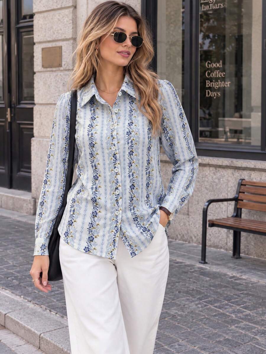 Elegant & Comfortable Commuter Slimming Women's Striped Collared Blouse, Striped Front Button Vacation Shirt Spring