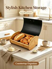 Bread Box With White Roll Top Lid, Large Capacity Food Storage Bin, Farmhouse Kitchen Countertop Bread Keeper, Vintage Bread Container For Loaf, Baguette, Croissant, Home Kitchen Food Storage Organizer, Rustic Kitchen Decor - View 3