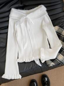 Autumn/Winter Off-Shoulder Cute Sweet Sexy Fuzzy Drawstring Silk Bow Long Sleeve Base Layer Sweater, Suitable For Outings, Shopping, Dates, Christmas, New Year - Pale Apricot Color - View 6