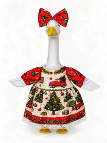 1pc Christmas Porch Goose Outfit Set, Christmas Tree & Truck Print Dress With Bow Headband, Fits 23" Goose Statue, Holiday Outdoor Yard Porch Decor (Statue Not Included) - Multicolor - View 10
