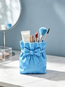 Cute Bow Decor Makeup Brush Holder, PU Leather Drawstring Bag Style Cosmetic Storage Cup, Desktop Vanity Organizer Box, Suitable For Lipstick, Eyebrow Pencil, Women's Makeup Table Decor Gift - Multicolor - View 4