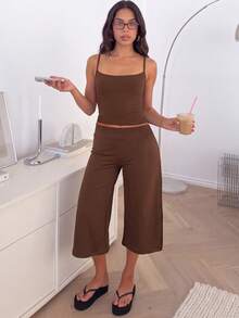 VUTRU Mid-Waist Fashion Loose Sports Pants, 7/8 Length Wide Leg Casual Pants For Daily Wear - Brown - View 5