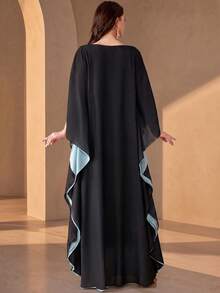 Elegant Women's Long Robe, Decorated With Pearls, Round Neck Batwing Short Sleeve, Long Woven Fabric Dress, Suitable For Formal Occasions - Black - View 3