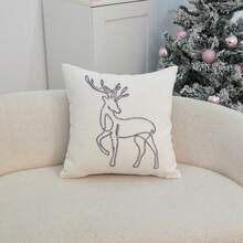 1pc Christmas Silver Reindeer Embroidered Pillow Case, Suitable For Indoor Decoration, Christmas Decoration, All-Season Pillow Case, Without Insert - Silver - View 8
