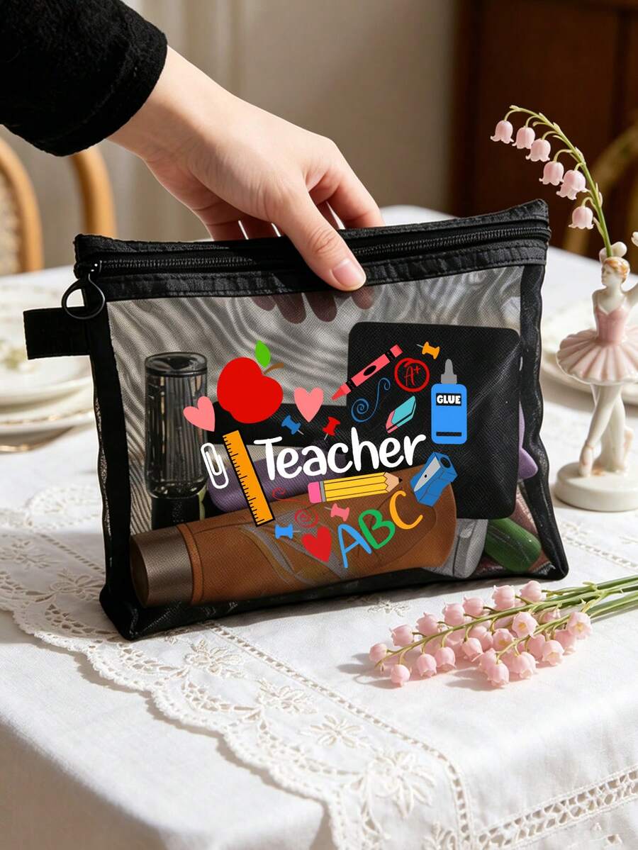 Tas Penyimpanan Jaring Bermotif Hati Lucu untuk Guru, Tas Organizer Makeup & Alat Tulis Portabel untuk Perjalanan, Hadiah Terima Kasih yang Ideal untuk Guru - MultiWarna - View 1