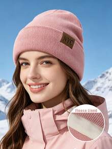 1pc Fleece Lined NYC Patchwork Knit Beanie, Unisex Winter Warm Ribbed Cuff Hat, Outdoor Cold-Proof Ski Hat - Leather Label NYC - View 7