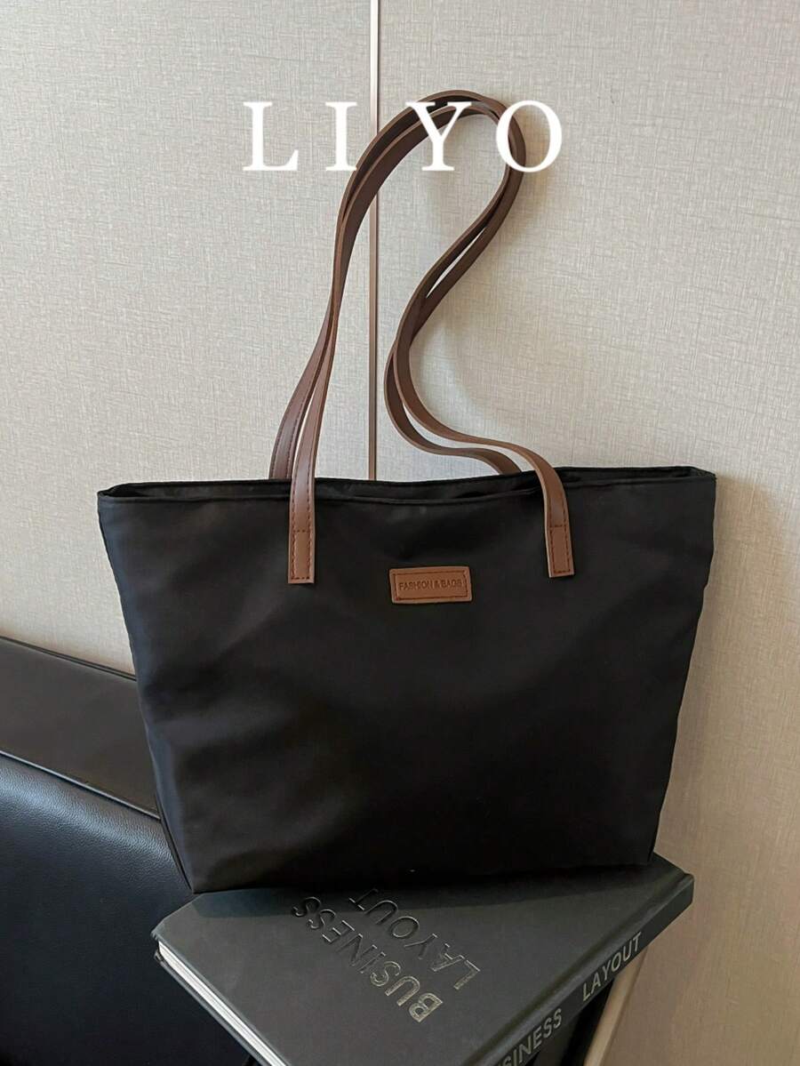 Women Large Nylon Tote Bag Retro Brown Strap Shoulder Bag Office Commute Handbag