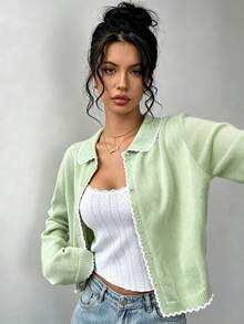 HOMEYEE Women's Soft Contrast Color Wavy Trim Lapel Knit Cardigan, Short Single-Breasted Slimming Petite Versatile Long Sleeve Sweater Jacket - Green - View 9