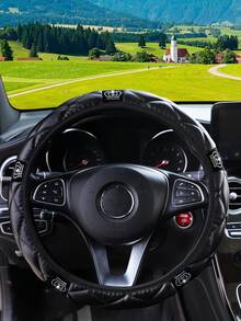 MEIKAXIU 1pc Comfortable Artificial Sheepskin Rhinestone Crown Bling Bling Shiny Car Steering Wheel Cover Without Inner Ring, Suitable For 14.5-15 Inch Car Interior Accessories - Soft Leather Crown - View 2