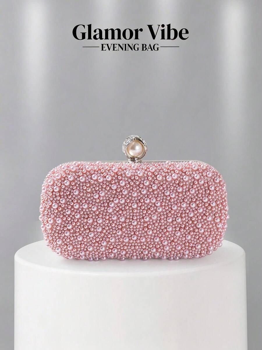 Elegant Pearl & Rhinestone Spiral Pattern Evening Clutch, Pearl Buckle Handbag - Pink - View 1