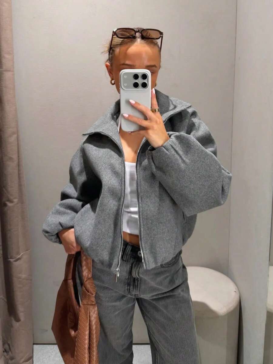 2026 Autumn New Women's Wool Blend Long Sleeve Stand Collar Soft Flight Jacket Coat, Autumn/Winter Top - Grey - View 1