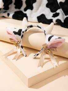 Plush Cow Ear Headband With Bell And Bow Ribbon, Anime Lolita Style Animal Party Cosplay Costume Accessory - Black and White - View 3