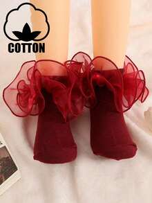 1 Pair Cotton Baby/Toddler Girls' Socks With Big Lace Ruffle, Princess Dance Socks - Burgundy - View 7