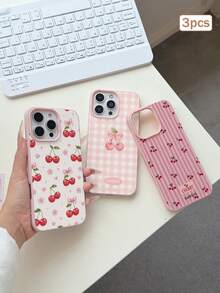 3pcs Cherry Print TPU Shockproof Full Coverage Protective Case Compatible With Apple 11/12/13/14/15/16/16Pro/16ProMax/17/17pro/17ProMax/18pro 18ProMax - Multicolor - View 3