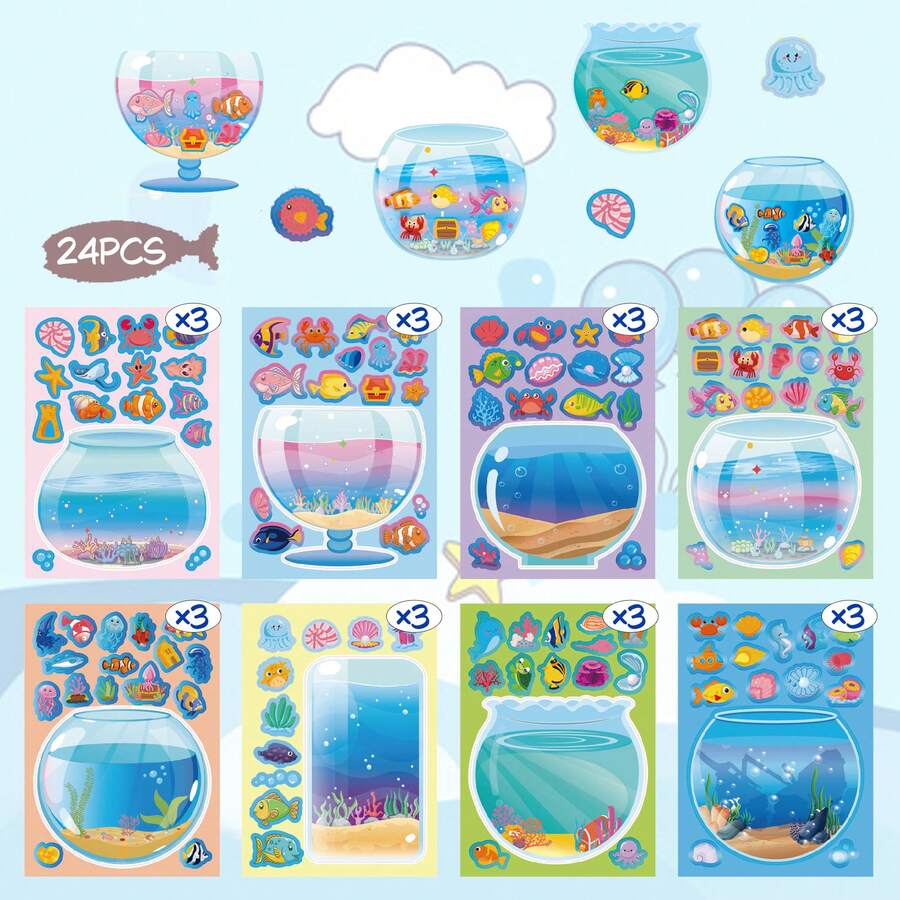 24pcs Colorful Fish Tank DIY Children Stickers, Make A Face Design Fish Tank Image, Parent-Child Interactive Puzzle Toy, Develops Children's Brain, Holiday Party Gift, Gift Packaging Sticker, Kindergarten Toy, Can Be Used For Home Decor, Stick On Table, Notebook, Balloon, Suitcase, Refrigerator, Etc. - Mixed Color - View 1