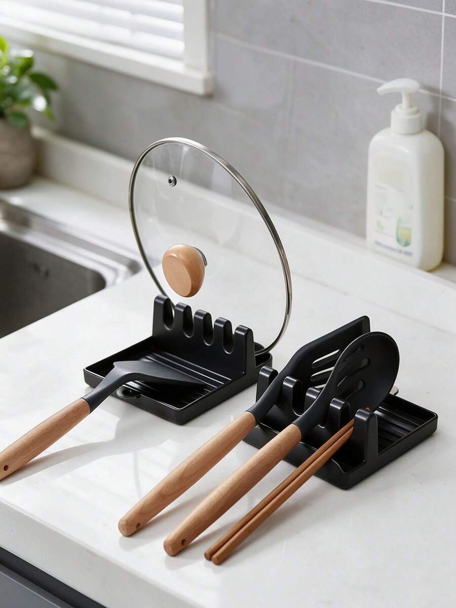 1pc Hard Plastic Utensil Holder With Drip Tray, Suitable For Spoons, Tongs, Spatulas, Kitchen Utensils, Kitchen Accessories, Home Kitchen Supplies, Pot Lid Rack, Spatula Storage Rack, Multi-Functional Foldable Pot Lid Rack, Spoon Rest, Heat-Resistant Pot Lid Rack, Kitchen Accessory Utensil Rack, Also Suitable For Christmas, Christmas Furniture Decor, Autumn Home Decor, Christmas Gifts, Gifts For Women - Multicolor - View 1