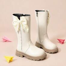 Girls' Sweet Style Pearl Bow Rhinestone Beige Side Zipper High-Top Boots, Suitable For Shopping And Matching With Autumn/Winter Outfits - Beige - View 6