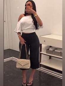 High Waist Wide Leg Capri Pants, Casual Pure Black Loose Capri Pants, Comfortable Slimming Versatile Sports Summer Style - Black - View 7