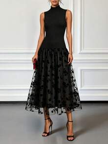 Black Elegant Sleeveless Mock Neck Fall Party Dresses For Women Knit Top Patchwork Mesh A-Line Midi Dress Formal Evening Prom Graduation Ball Dress - Black - View 2