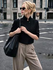 Minimalist Stand Collar Mid-Sleeve Short Blazer With Design Asymmetric Button Pocket, Black Commuter Top For Petite Women - Black - View 5