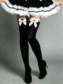 1 Par de Meias Altas de Cetim com Laço, Meias Acima do Joelho, Meias Longas Opacas com Laço de Renda Sexy para Mulheres, Fantasia de Halloween - Preto - Visão 3
