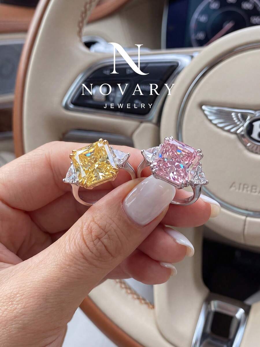 1件亮粉色鋯石戒指,女款訂婚婚禮派對日常佩戴週年紀念珠寶禮物 - 正方形5CT - 查看 1