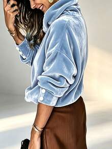 Women Cowl Neck Velvet Sweatshirt, Long Sleeve Drop Shoulder Top With Button Cuffs, Casual Fall Winter Loose Pullover - Blue - View 2