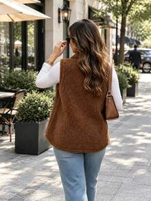 Plus Size Teddy Fleece Vest With Lapel Collar, Front Button Sleeveless Lambswool Vest With Pockets, Casual Warm Outerwear For Autumn/Winter - Brown - View 3