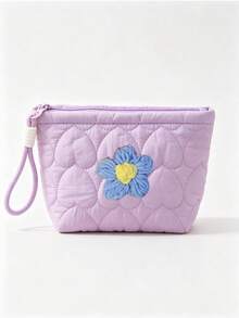Quilted Heart-Shaped Makeup Bag With Knitted Flower, Lipstick Storage Pouch, Soft Candy Color Toiletry Bag, Multiple Colors Available, Perfect Gift For Middle East National Day, Halloween, Christmas - Multicolor - View 12