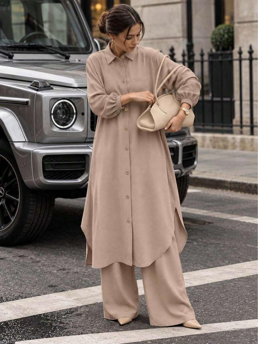 Bohemian Style Women's Autumn Casual 2 Pieces Set, Lapel Button-Down Side Slit Top And Wide Leg Pants - Multicolor - View 1