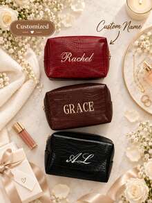 Personalized Embroidered Leather Makeup Bag, Crocodile Pattern Cosmetic Organizer, Women's Travel Toiletry Bag, Bridesmaid Gift - Multicolor - View 4
