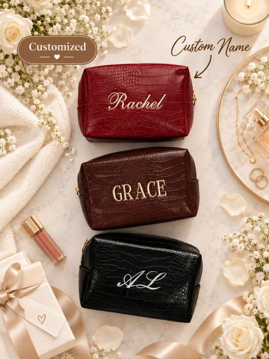 Personalized Embroidered Leather Makeup Bag, Crocodile Pattern Cosmetic Organizer, Women's Travel Toiletry Bag, Bridesmaid Gift - Multicolor - View 1